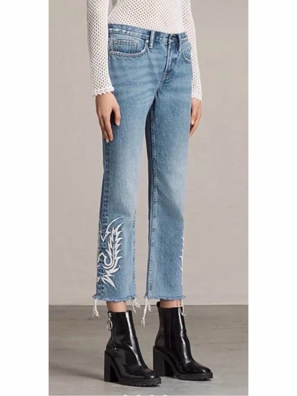 All Saints Philly Embroidered Boyfriend Jeans Blue